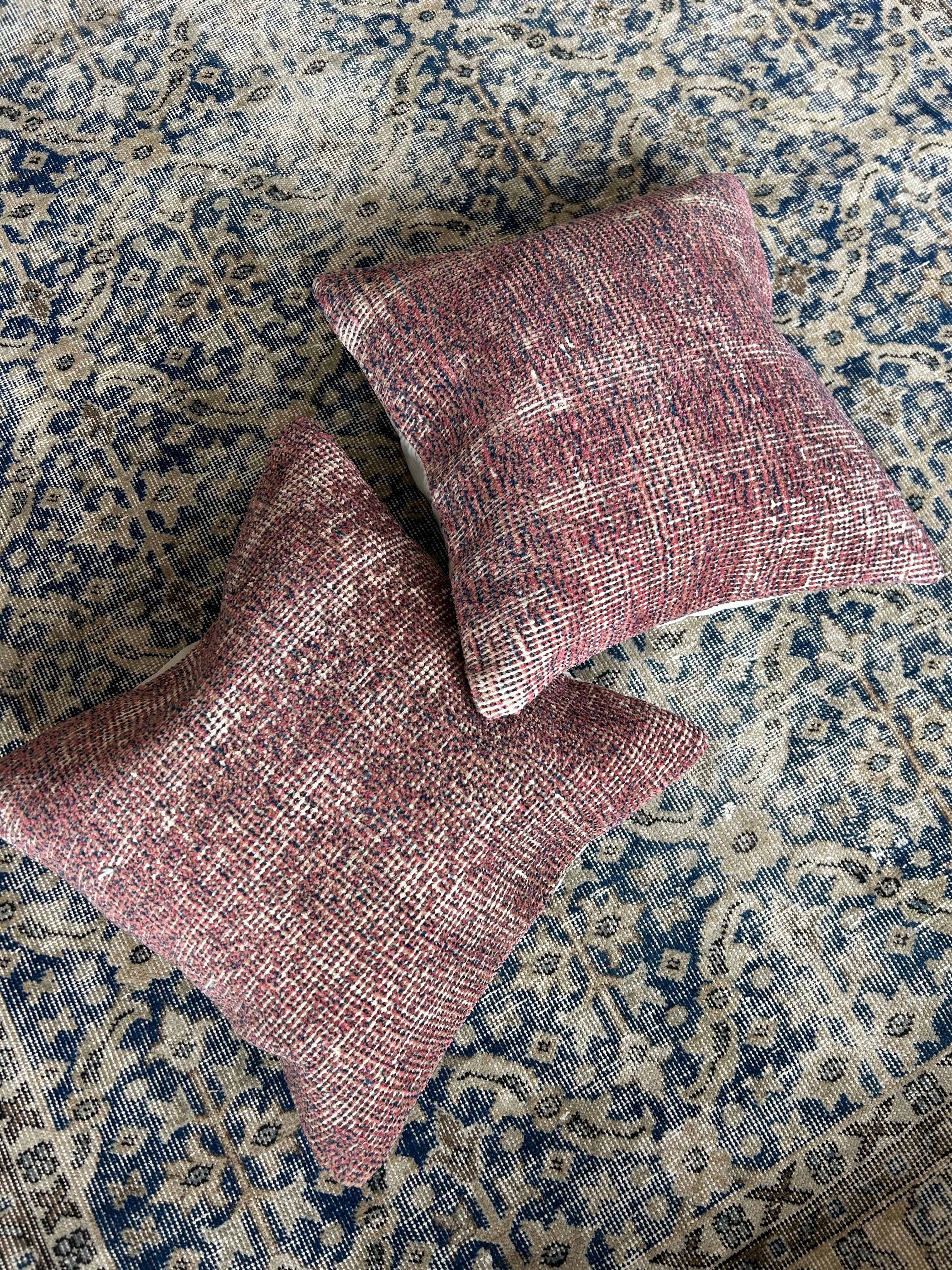 Pair of vintage cushions - deep raspberry and navy 50 x 50cm