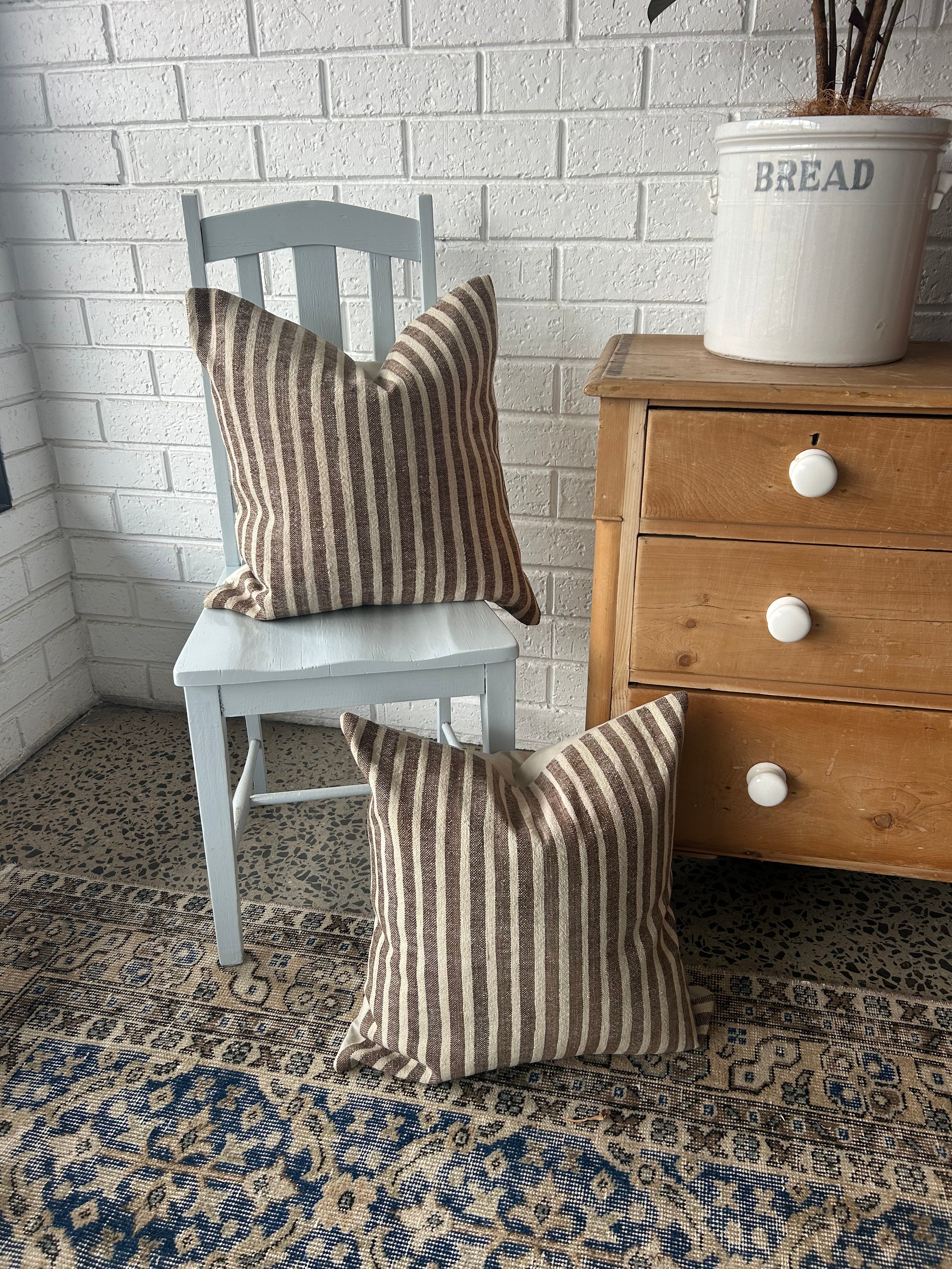 Pair of vintage cushions - brown and cream thin stripe - 50 x 50cm