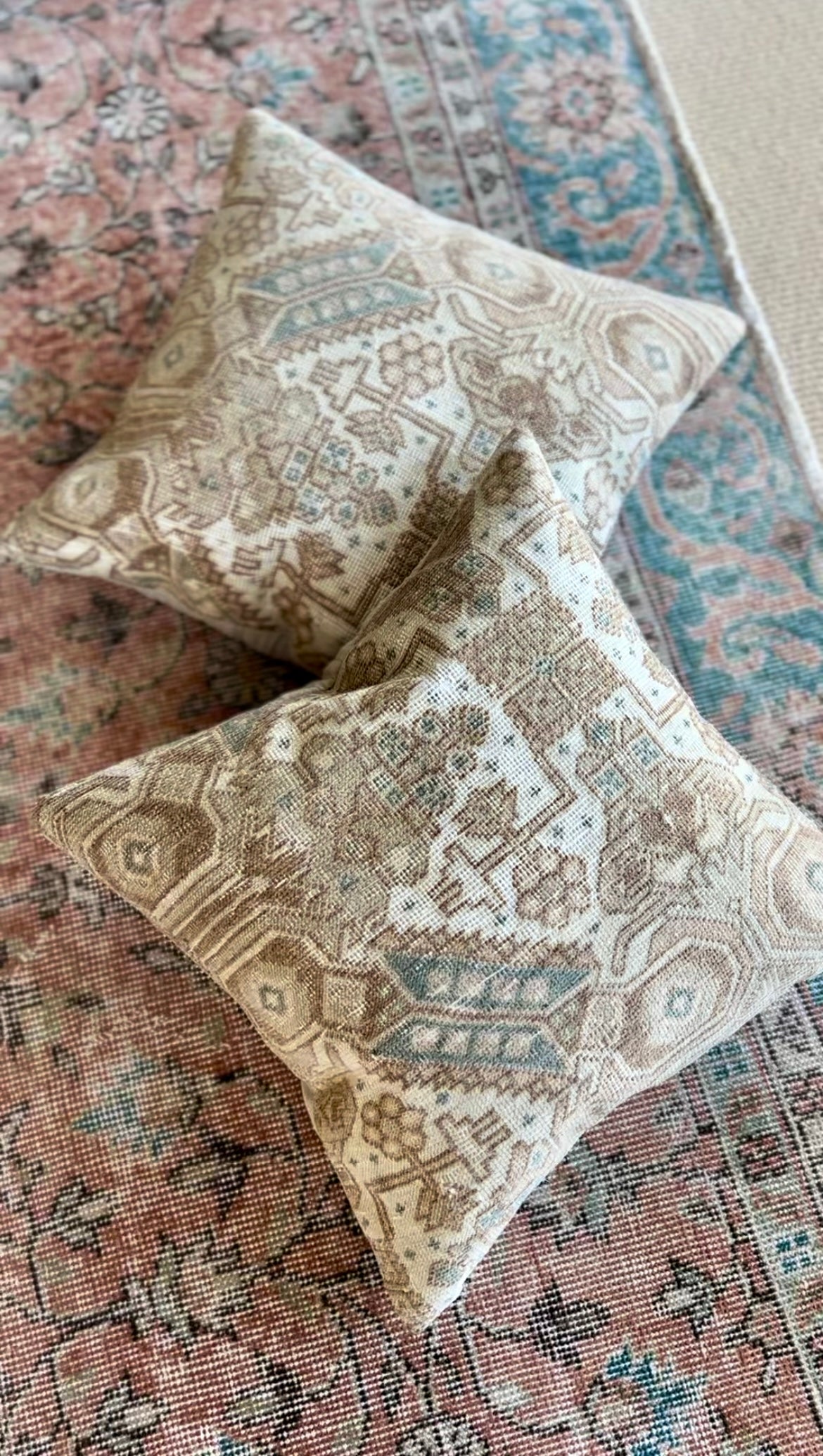 Pair of vintage cushions - blue and beige 40 x 40cm