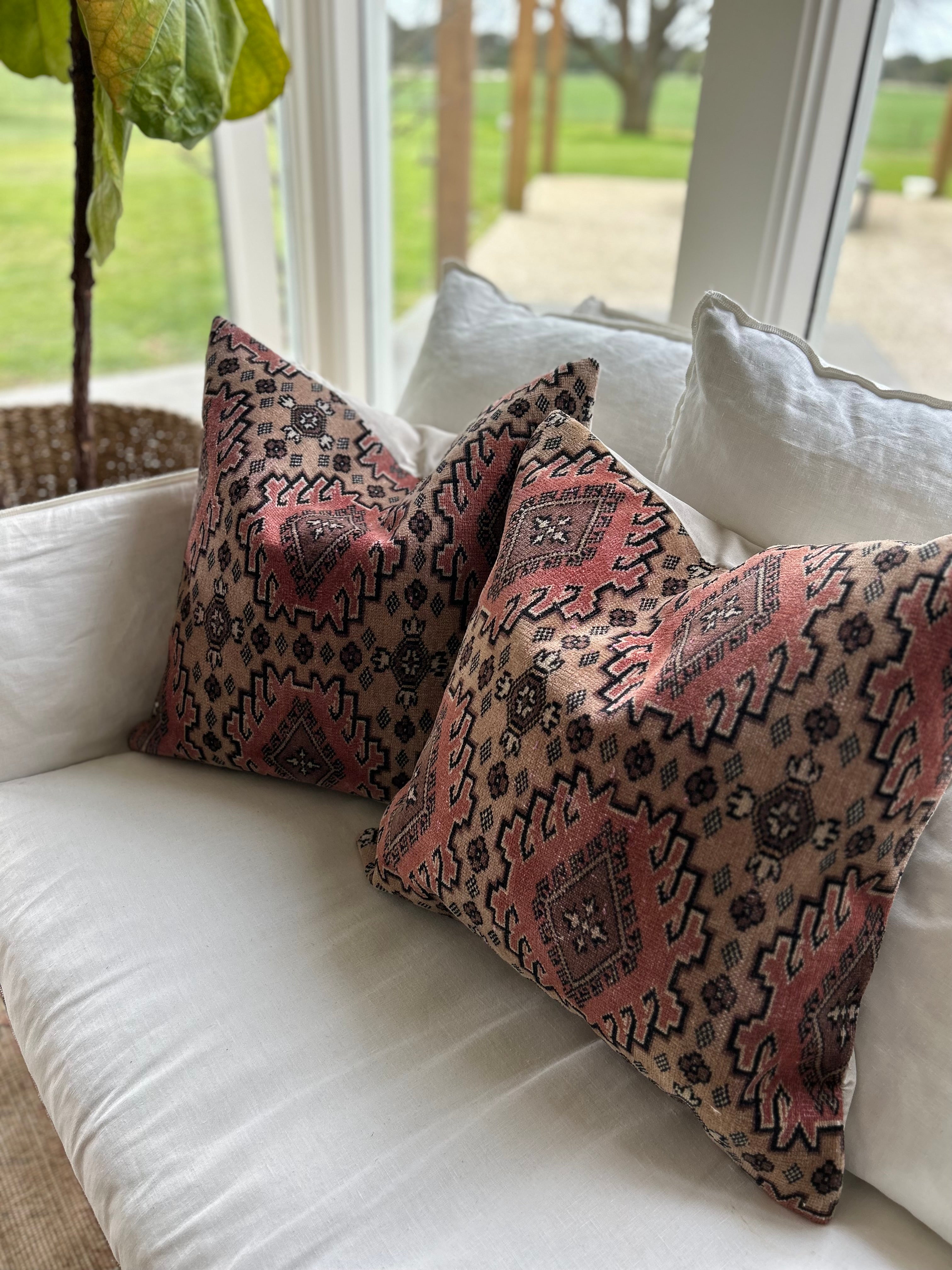 Pair of vintage cushions - browns and pinks 50 x 50cm