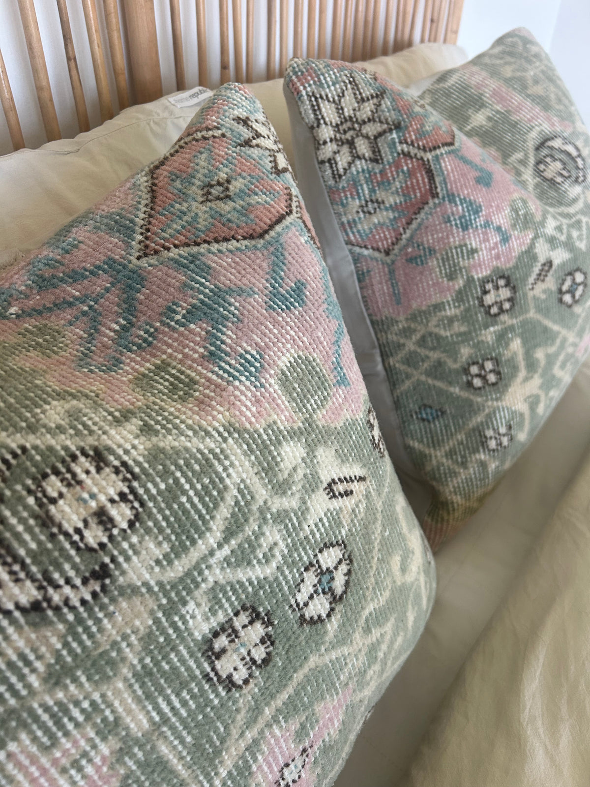 Pair of vintage cushions - pale green and pink - 50 x 50cm