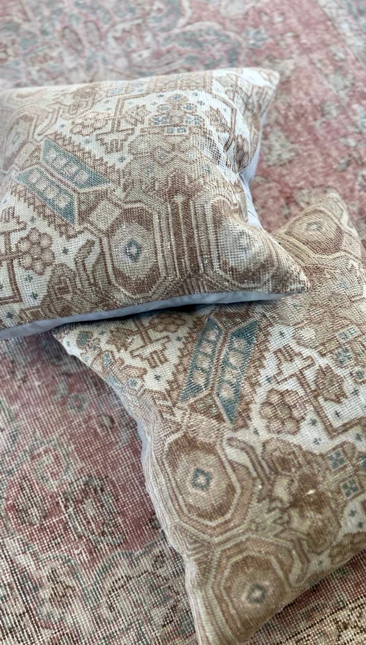 Pair of vintage cushions - blue and beige 40 x 40cm