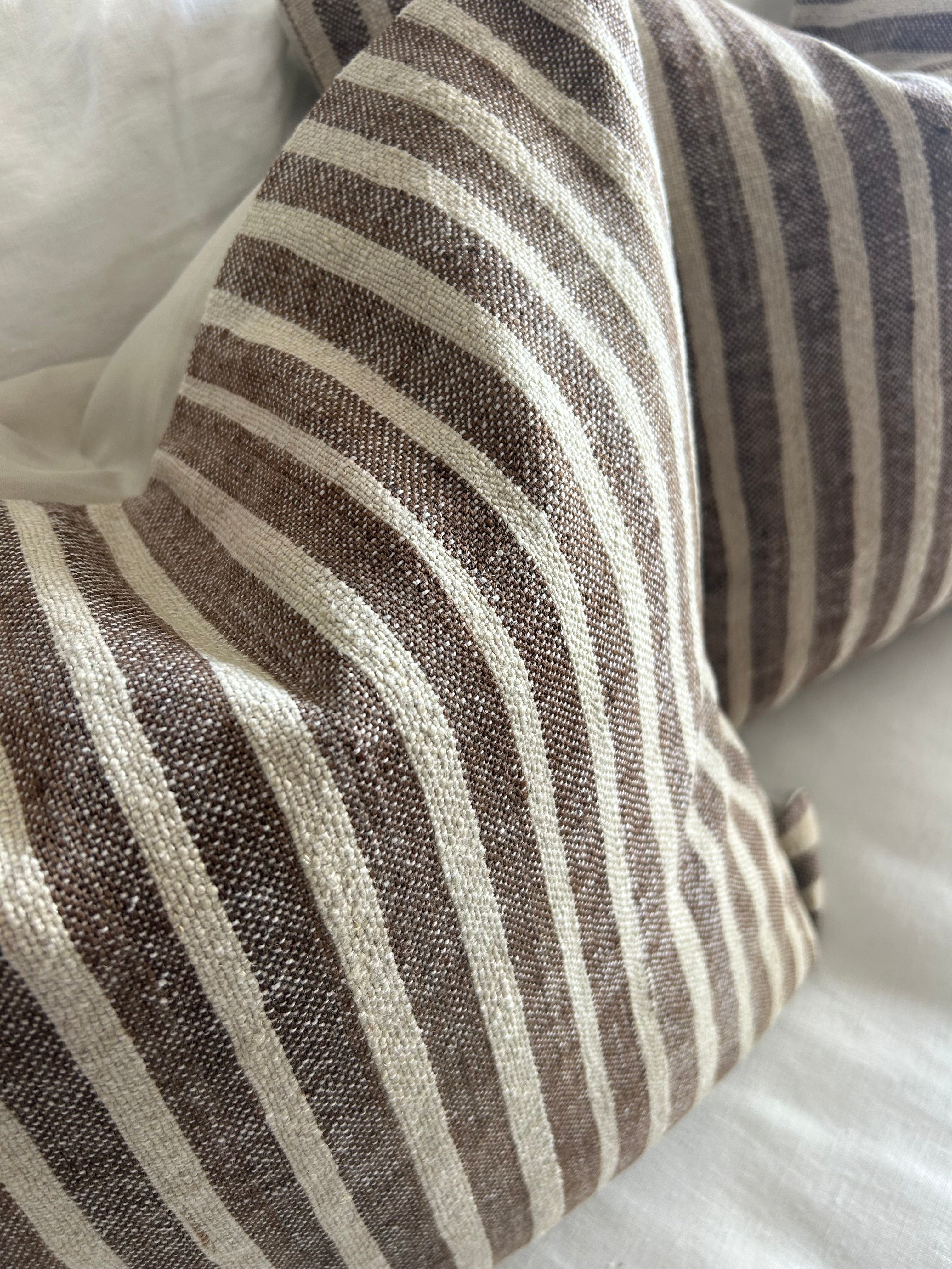 Pair of vintage cushions - brown and cream thin stripe - 50 x 50cm