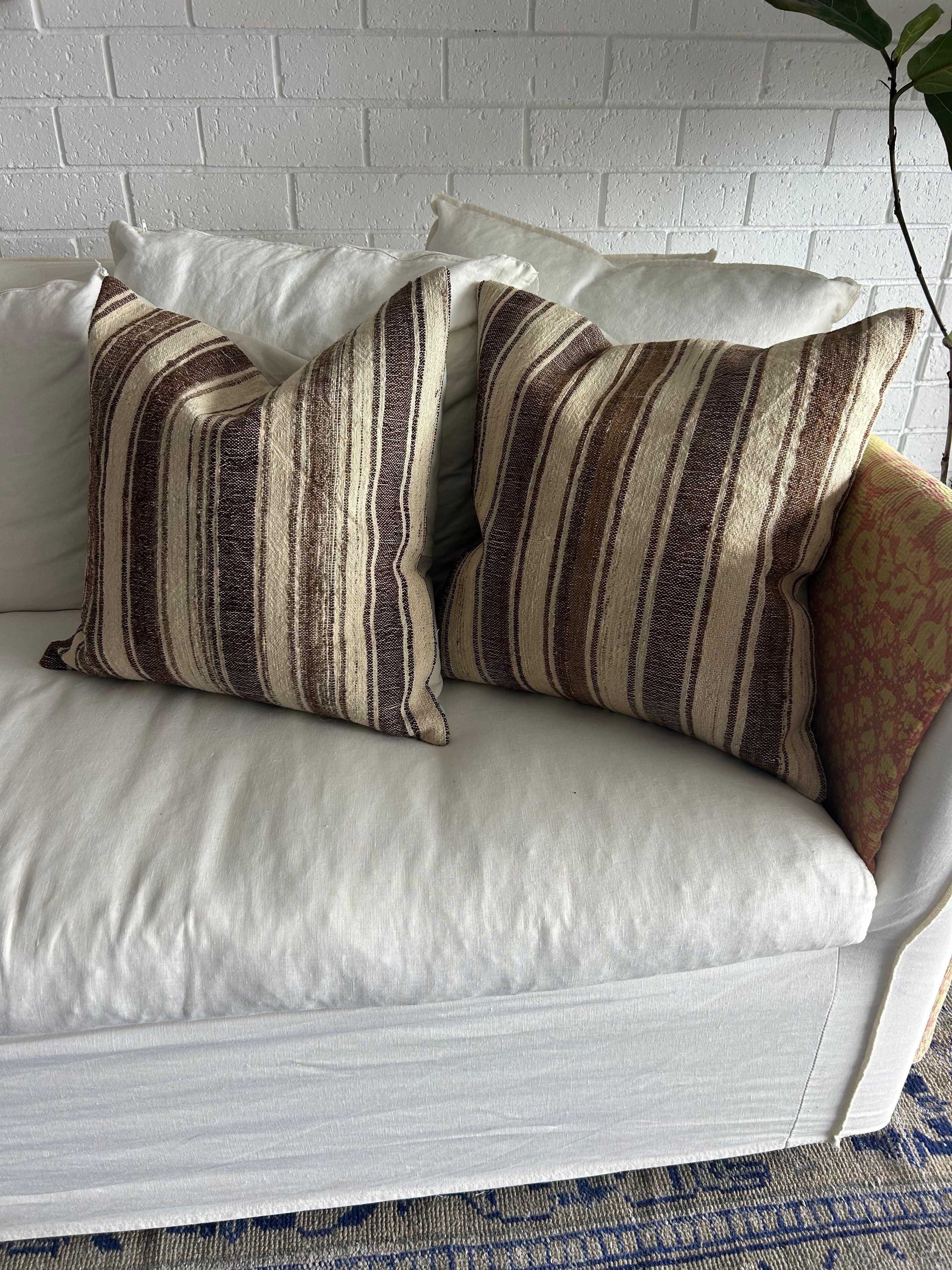 Pair of vintage cushions - brown and cream thick stripe - 50 x 50cm