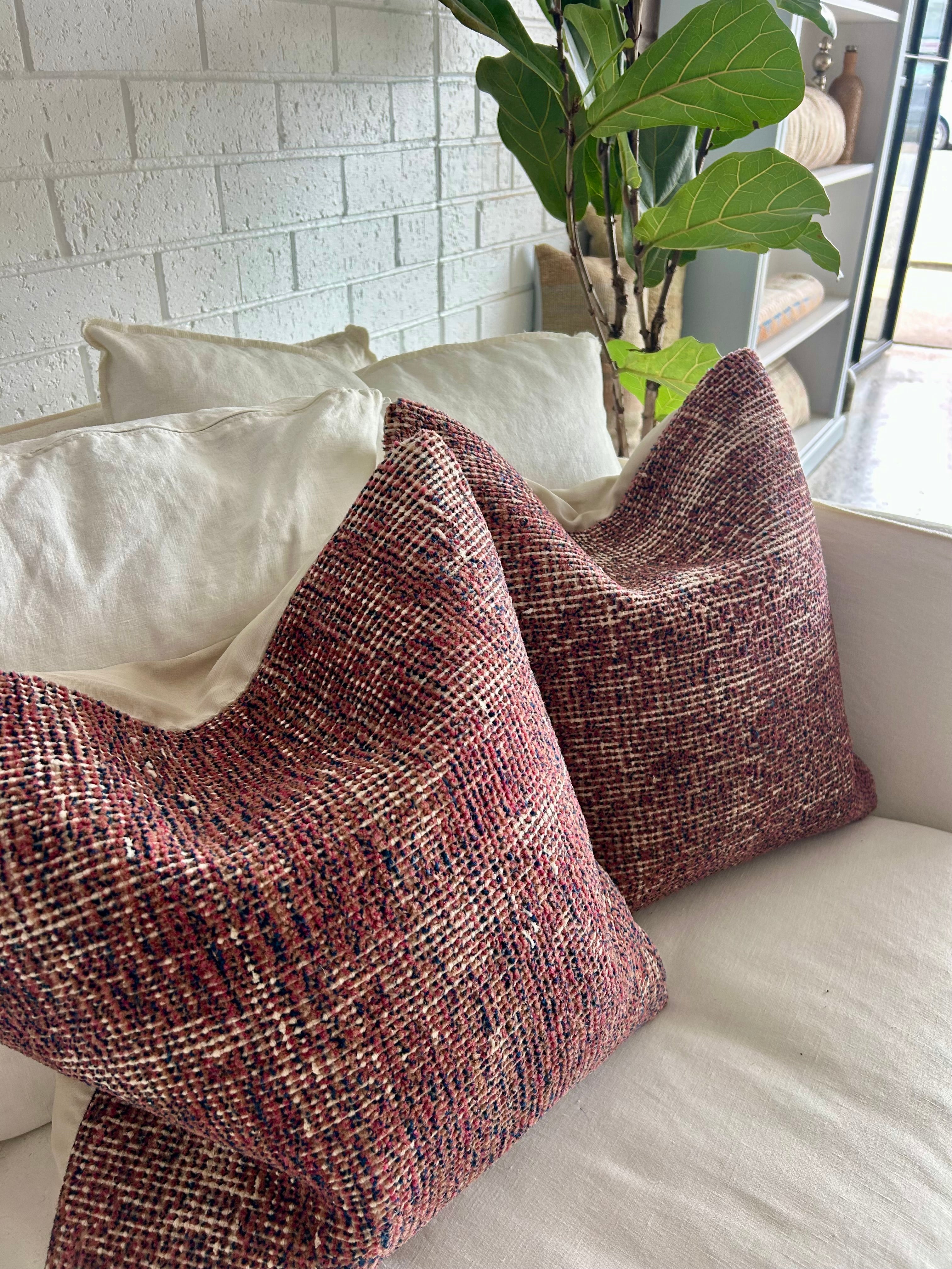 Pair of vintage cushions - deep raspberry and navy 50 x 50cm