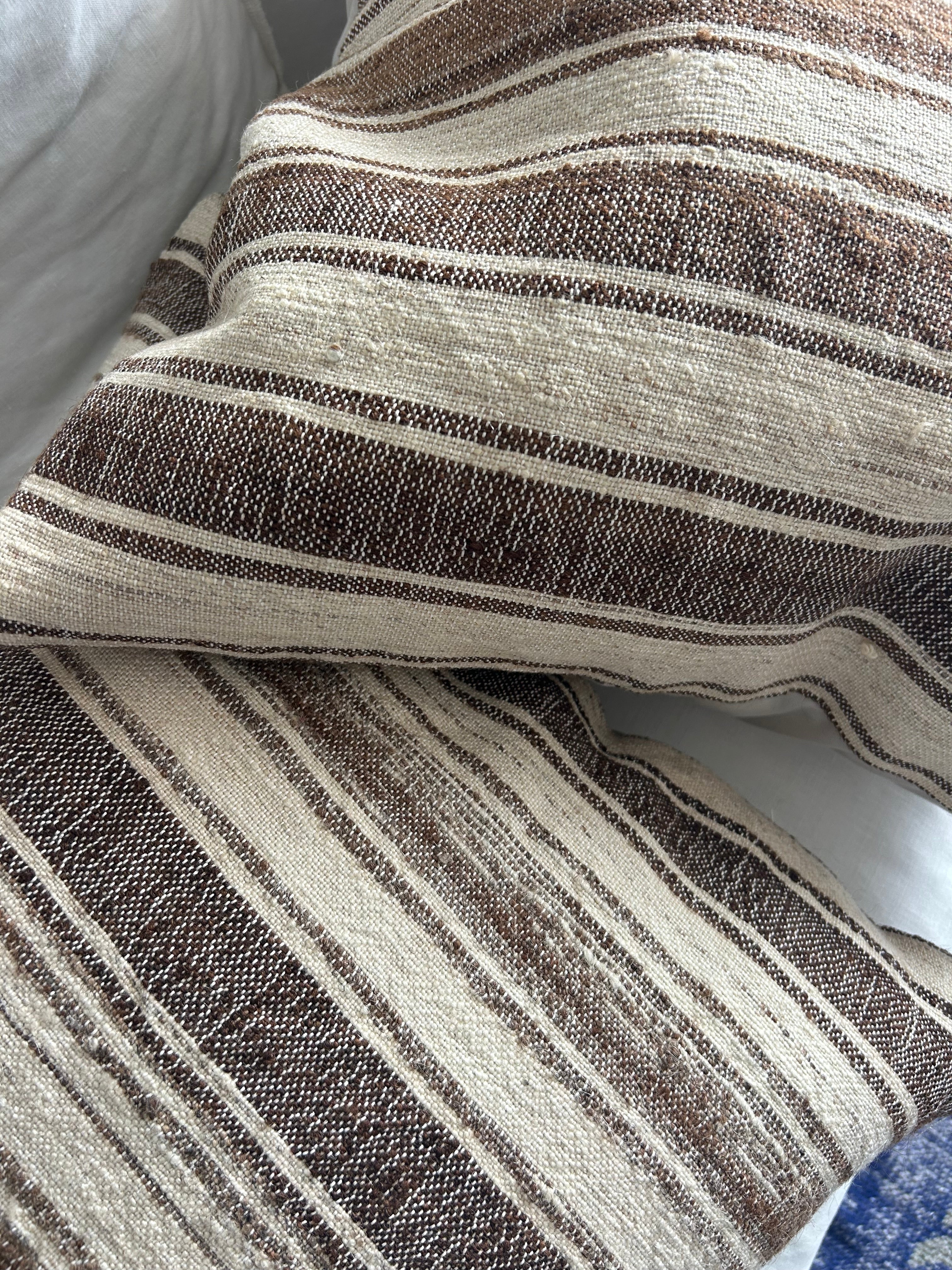 Pair of vintage cushions - brown and cream thick stripe - 50 x 50cm