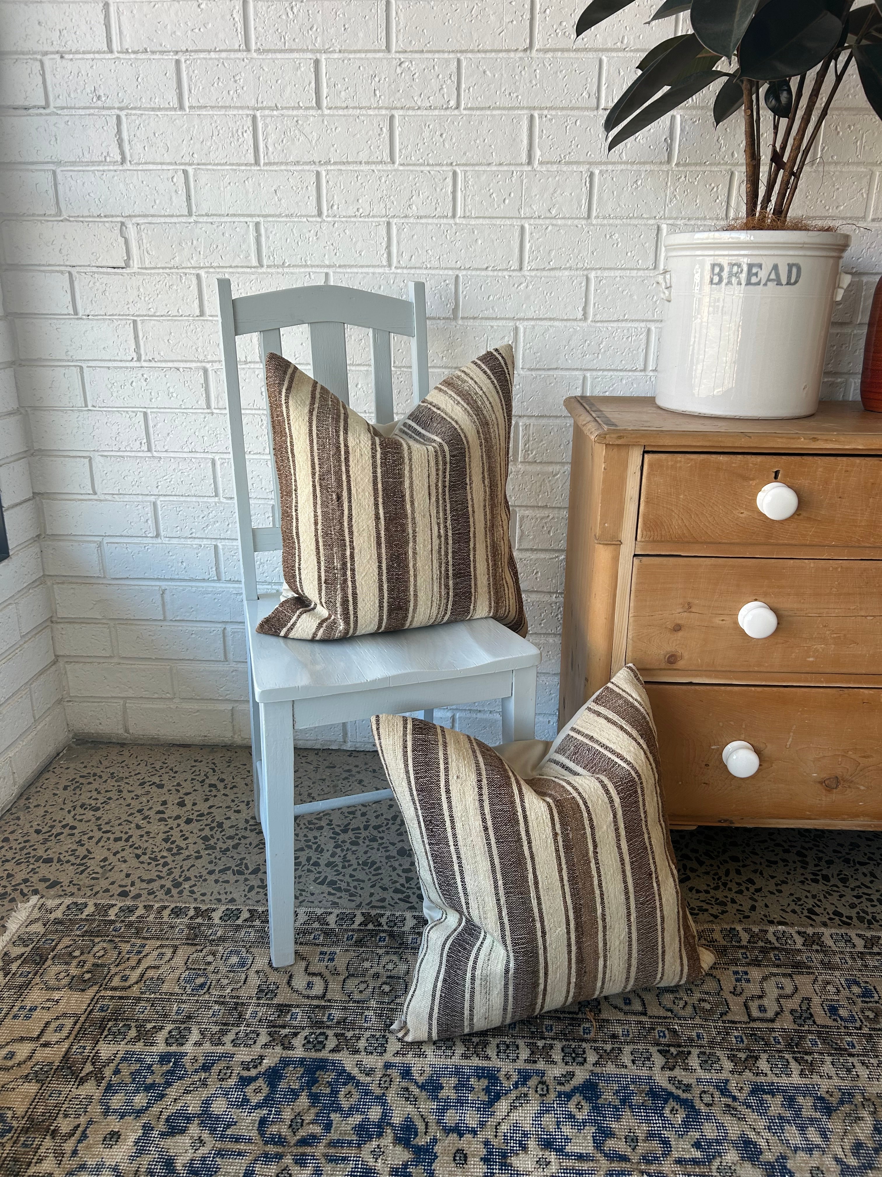 Pair of vintage cushions - brown and cream thick stripe - 50 x 50cm