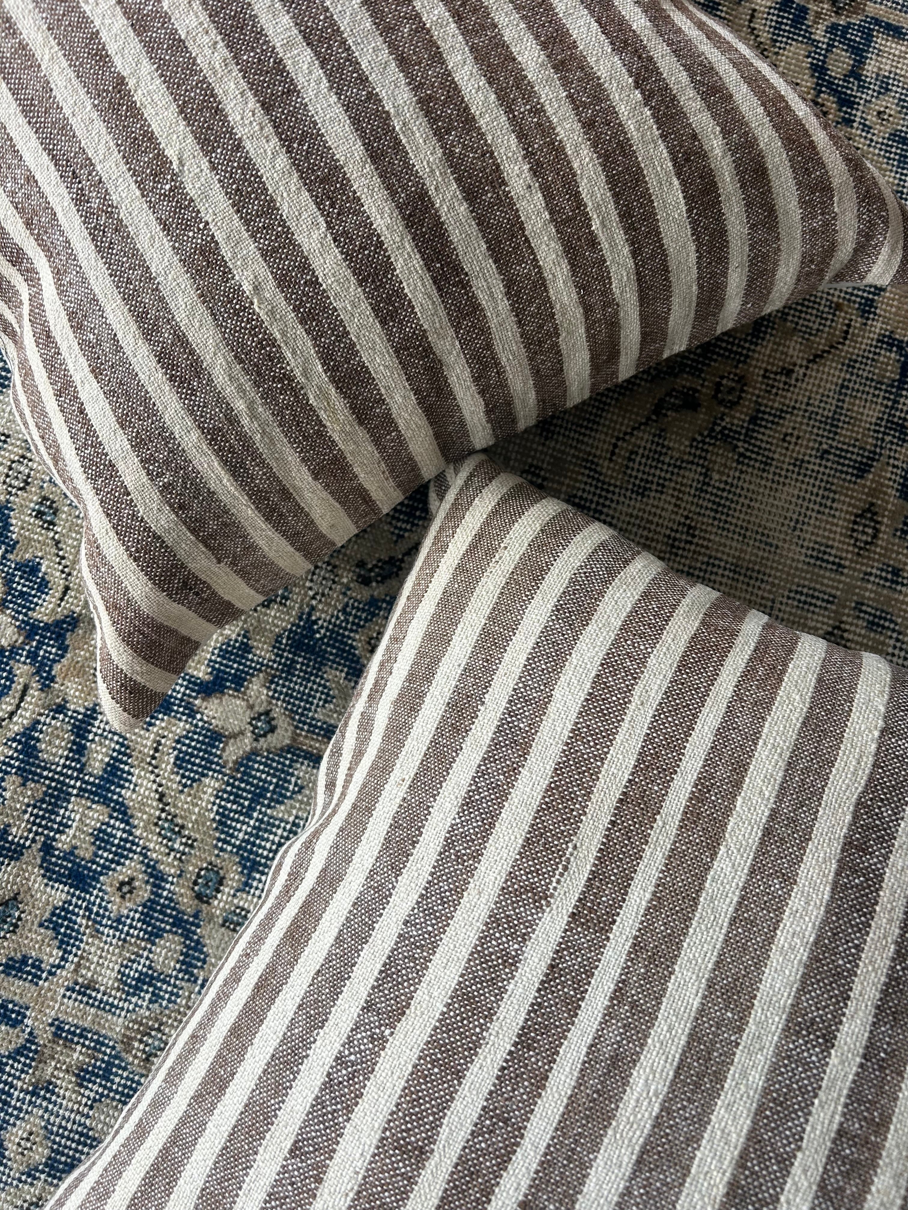 Pair of vintage cushions - brown and cream thin stripe - 50 x 50cm
