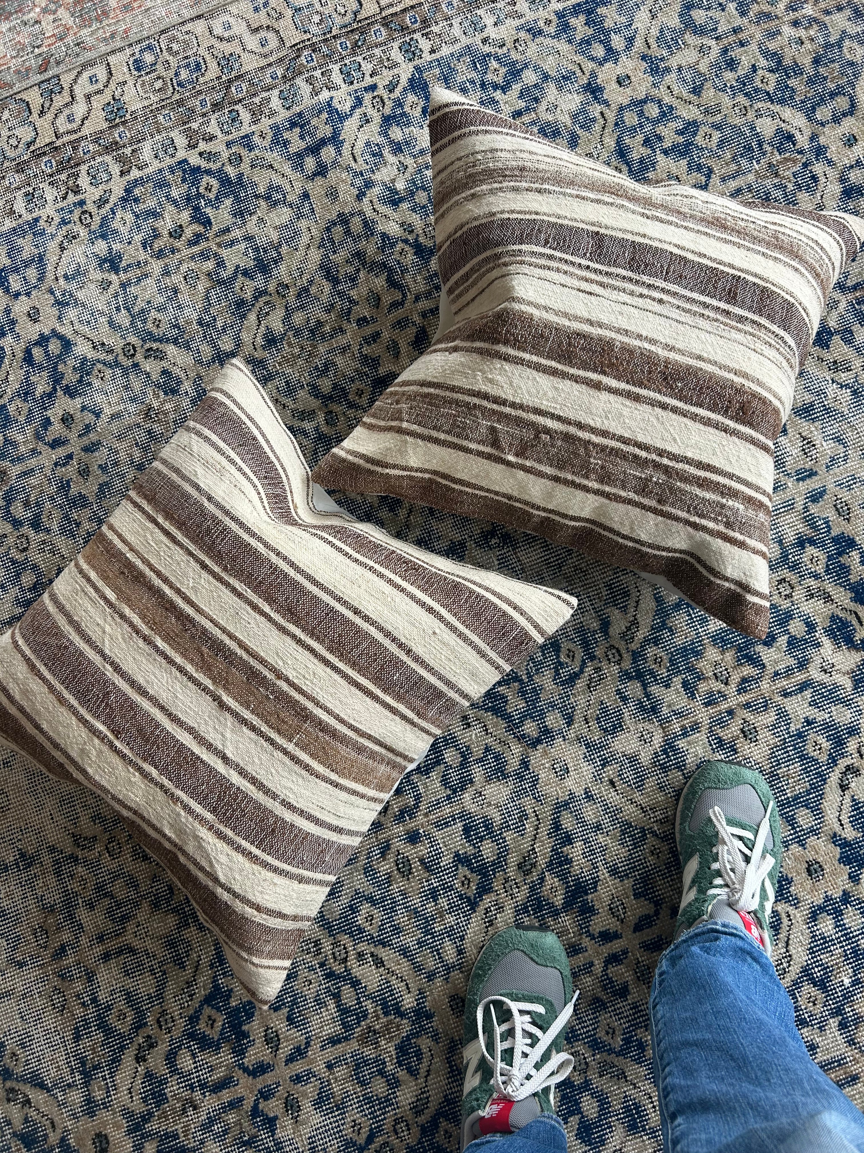 Pair of vintage cushions - brown and cream thick stripe - 50 x 50cm