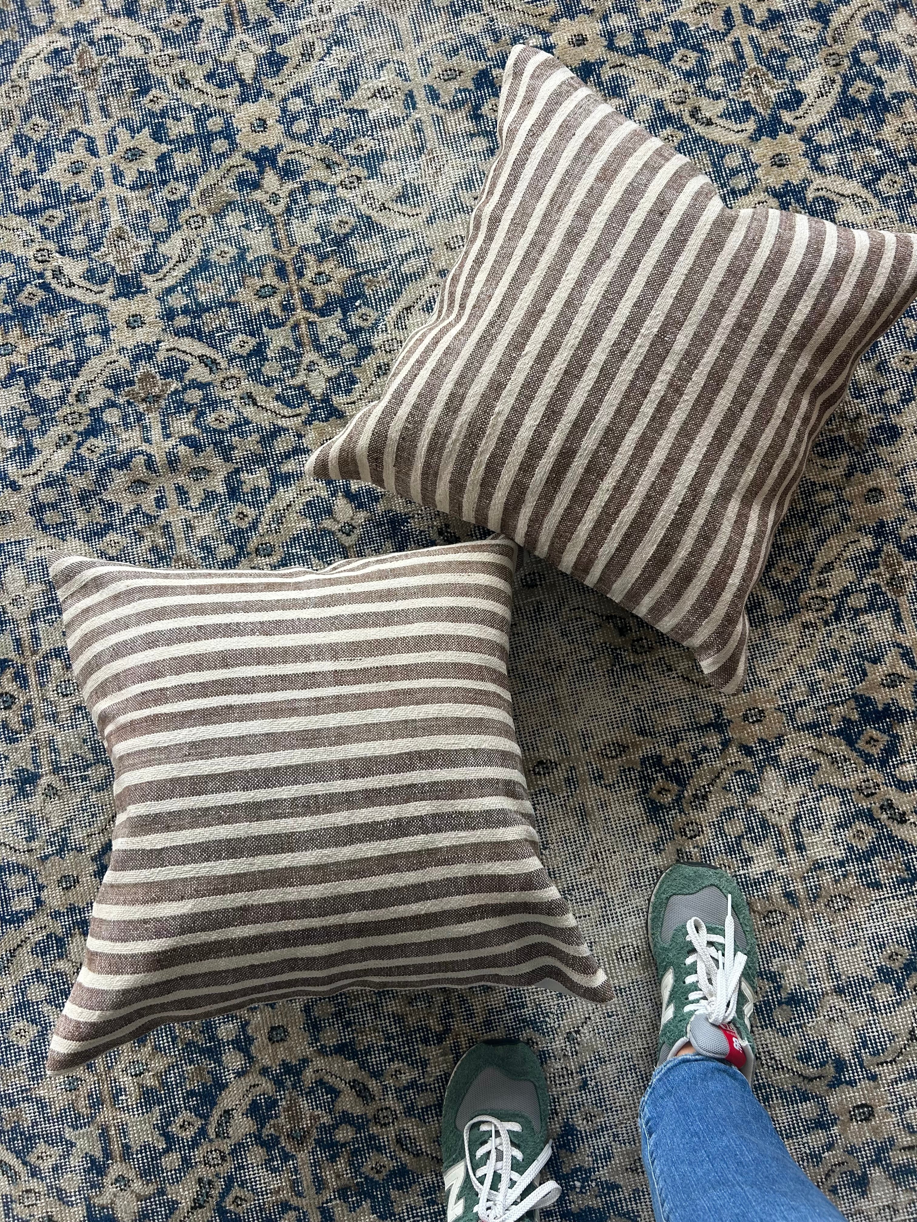 Pair of vintage cushions - brown and cream thin stripe - 50 x 50cm