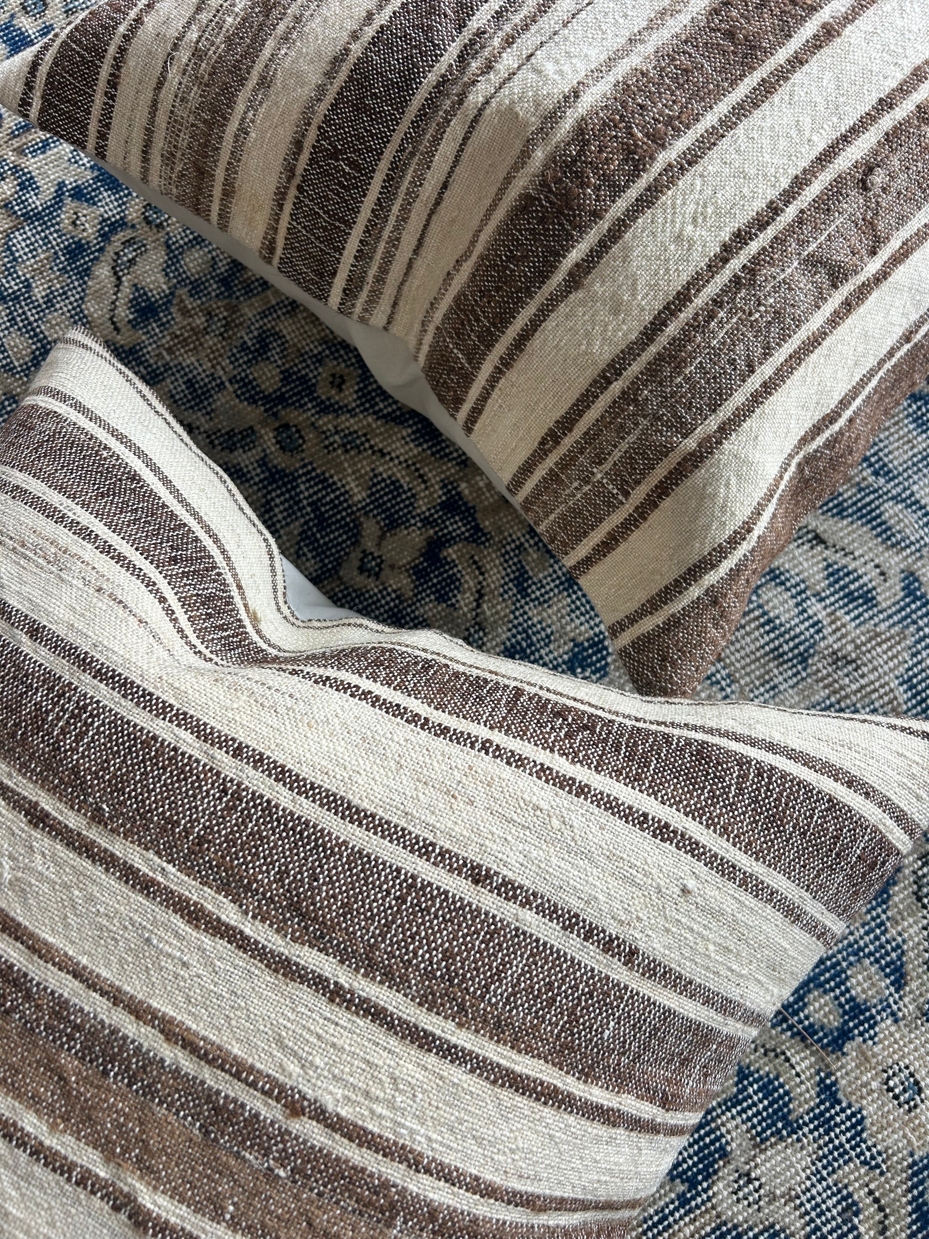 Pair of vintage cushions - brown and cream thick stripe - 50 x 50cm