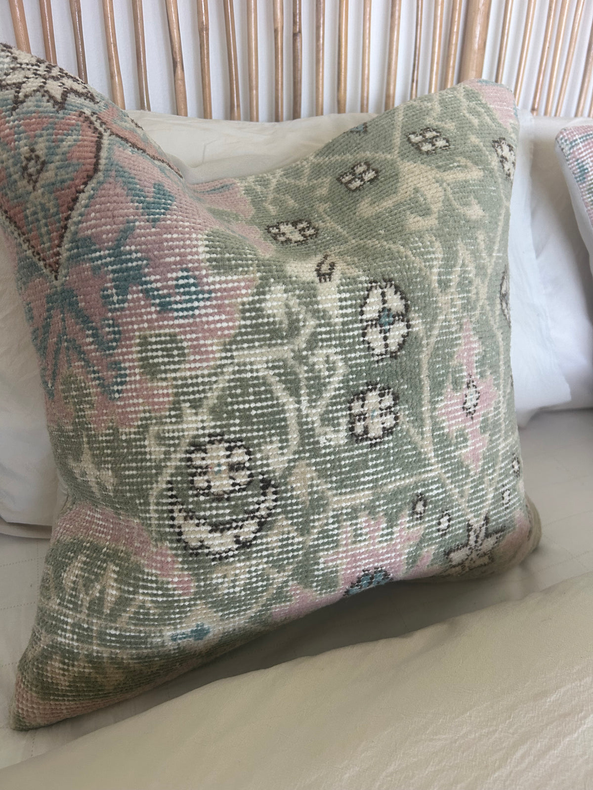 Pair of vintage cushions - pale green and pink - 50 x 50cm