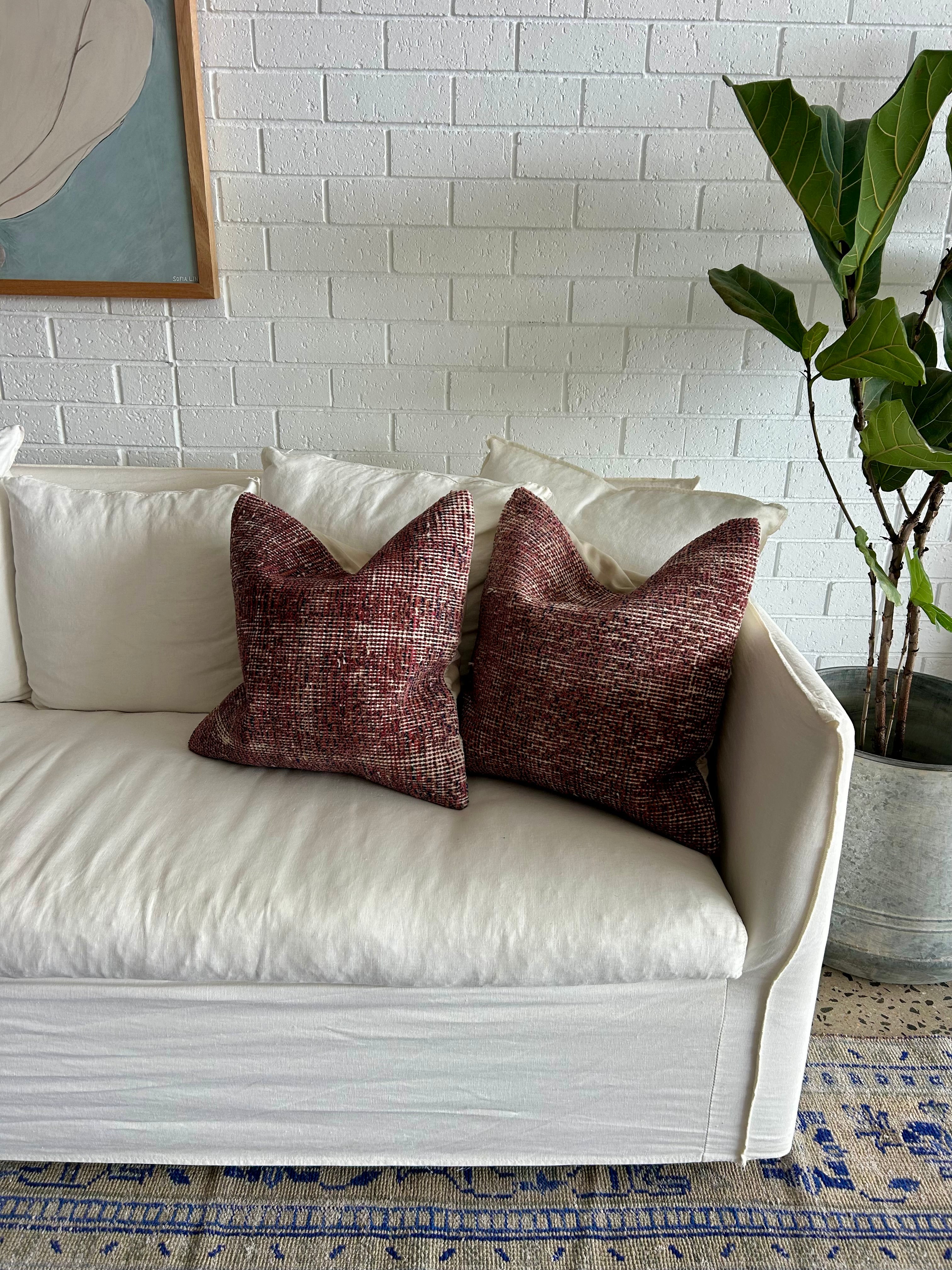 Pair of vintage cushions - deep raspberry and navy 50 x 50cm